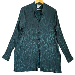 Coldwater Creek Tunic XL Dark Floral Knot Buttons Crinkle Shimmer Party Cocktail